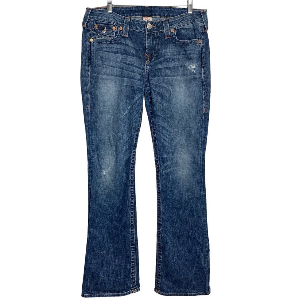 True Religion Mens Bootcut Jeans Medium Wash Distressed Made in USA Blue Size 32